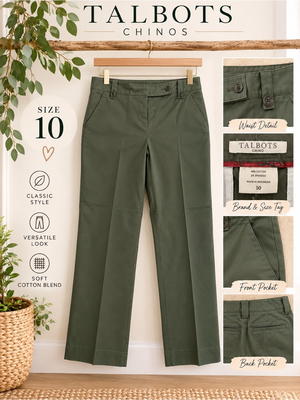 Talbots Olive Green Chino Pants Size 10 Straight Leg Cotton Blend